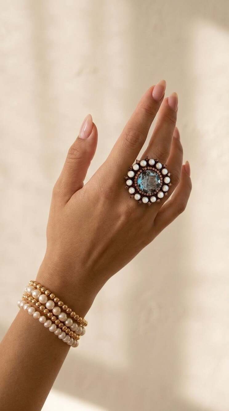 Vintage Statement Ring Size 7.5 Blue Stone Faux Pearl Halo